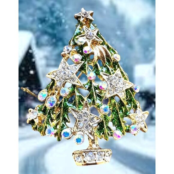 Christmas Tree Brooch Pin New Aurora Borealis Rhinestones Stars Northern… - Picture 10 of 12